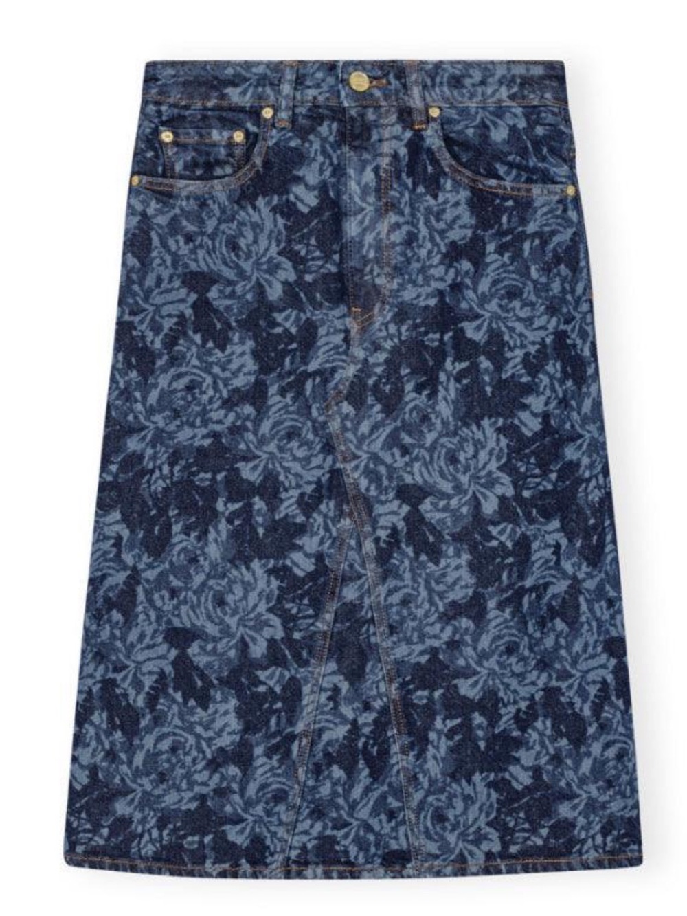 GANNI NWT Size EU 40 Blue Floral Denim Midi Skirt